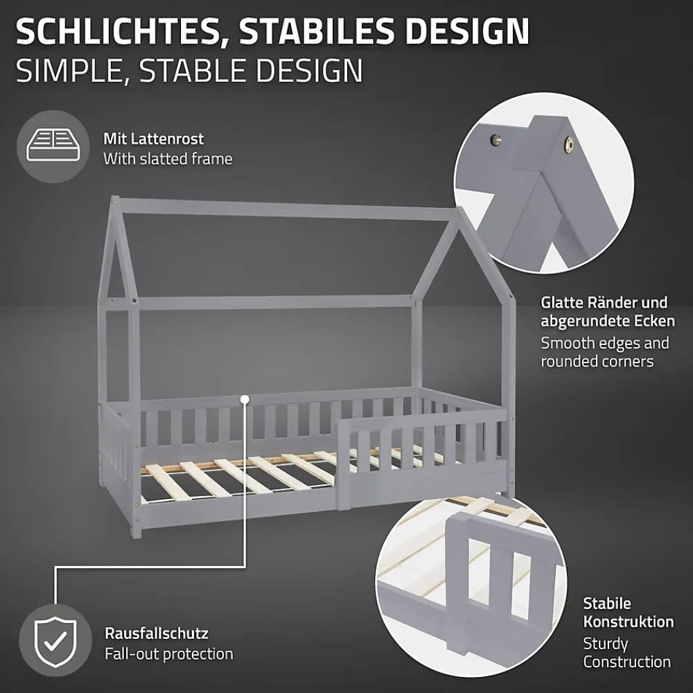 Ml-Design Lit d'enfant 80x160 cm gris clair bois de pin massif style maison avec sommier et matelas*Enfant Lit Enfant