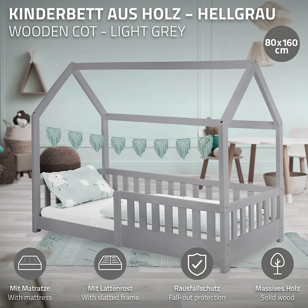 Ml-Design Lit d'enfant 80x160 cm gris clair bois de pin massif style maison avec sommier et matelas*Enfant Lit Enfant