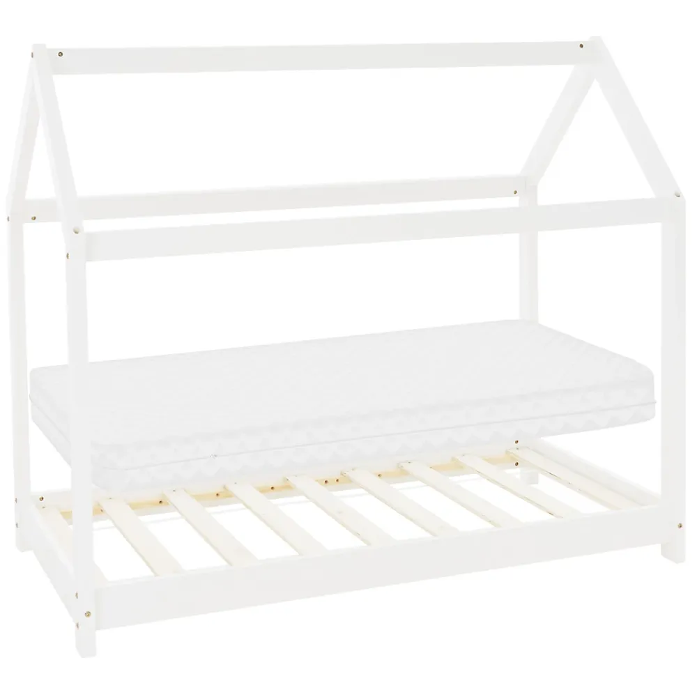 Ml-Design Lit d'enfant 70x140 cm blanc en bois de pin massif style maison avec sommier et matelas*Enfant Lit Enfant