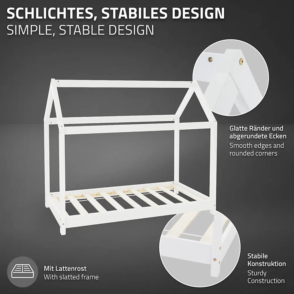 Ml-Design Lit d'enfant 70x140 cm blanc en bois de pin massif style maison avec sommier et matelas*Enfant Lit Enfant