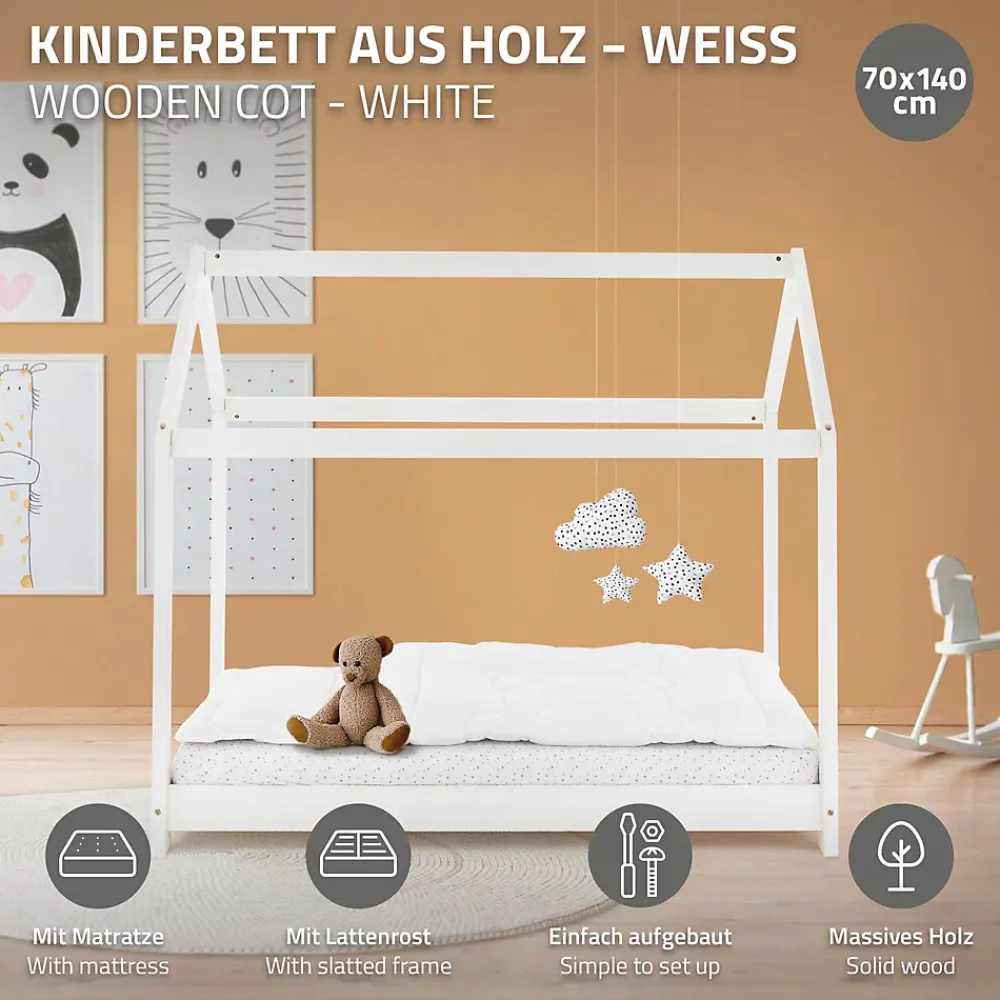 Ml-Design Lit d'enfant 70x140 cm blanc en bois de pin massif style maison avec sommier et matelas*Enfant Lit Enfant