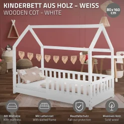 Ml-Design Lit d'enfant 80x160 cm naturel bois de pin massif style maison avec matelas et protection*Enfant Lit Enfant