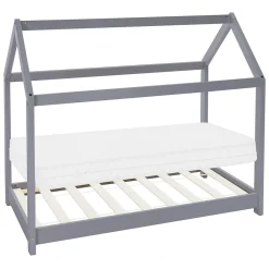 Ml-Design Lit d'enfant 90x200 cm gris clair bois de pin massif style maison avec sommier et matelas*Enfant Lit Enfant
