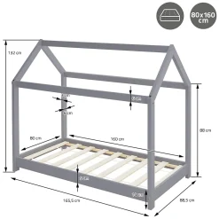 Ml-Design Lit d'enfant 90x200 cm gris clair bois de pin massif style maison avec sommier et matelas*Enfant Lit Enfant