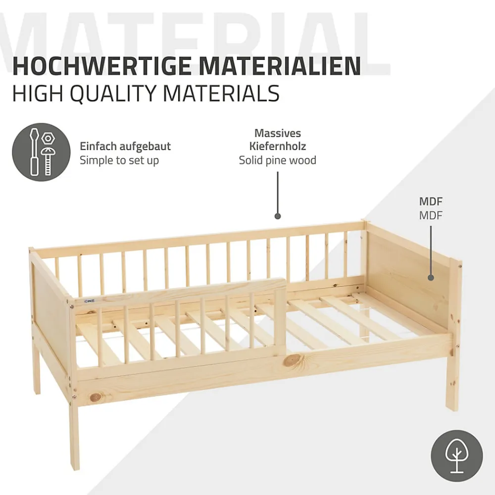 Lit d'enfant 70x140 cm simple naturel en bois de pin avec sommier à lattes sans matelas>Ml-Design New