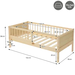 Lit d'enfant 70x140 cm simple naturel en bois de pin avec sommier à lattes sans matelas><noscript><img width=