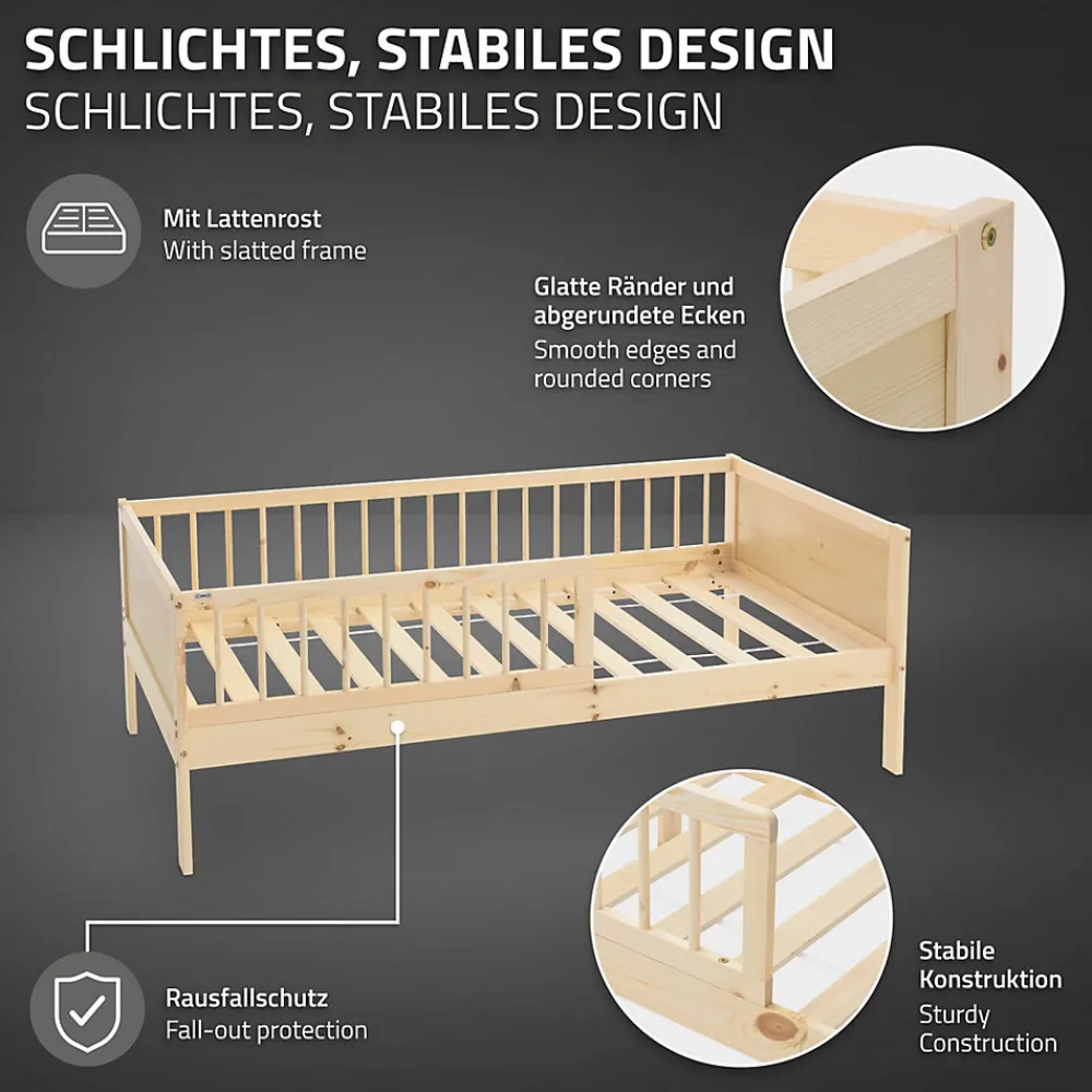 Lit d'enfant 80x160 cm simple naturel en bois de pin avec sommier à lattes sans matelas>Ml-Design Outlet