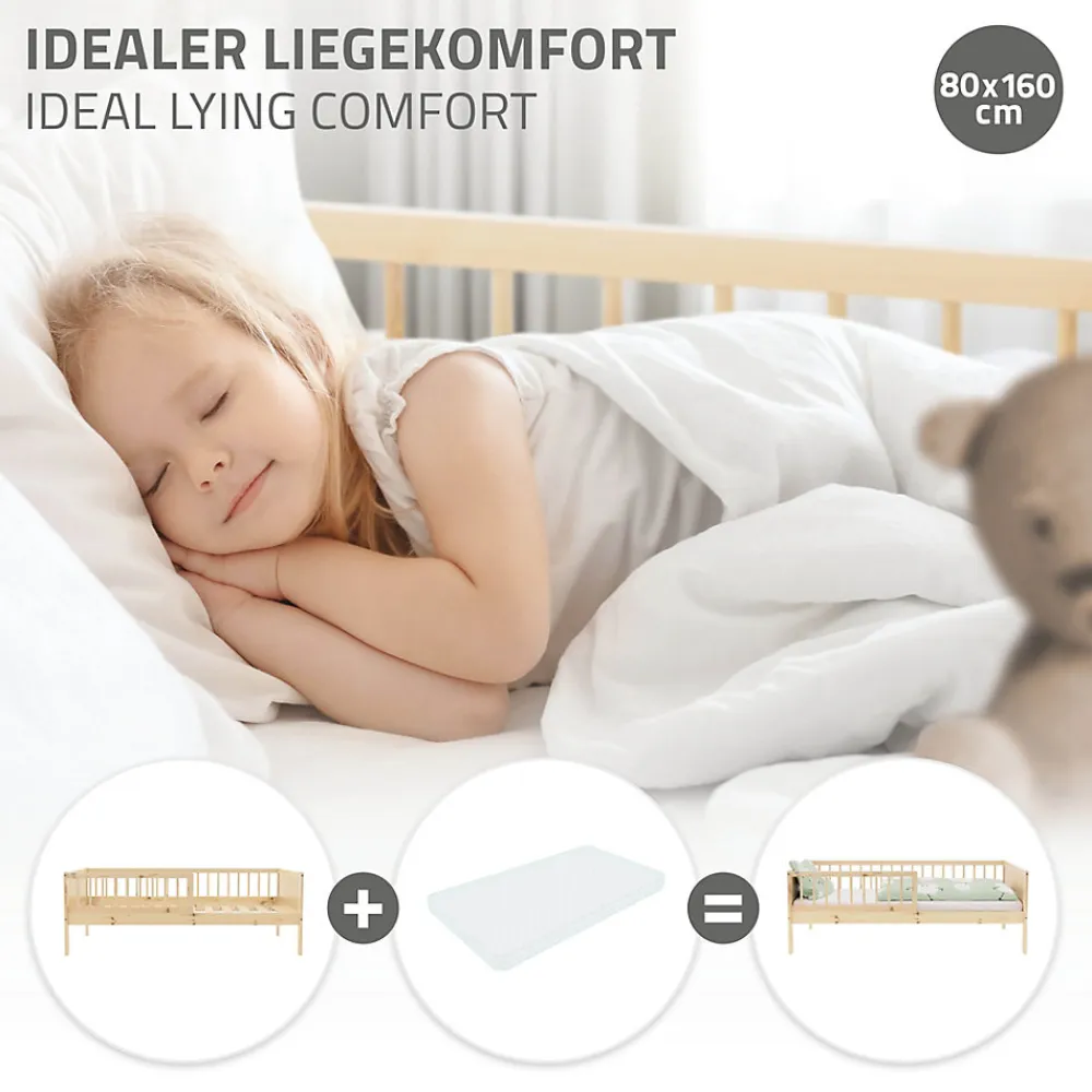Lit d'enfant 80x160 cm simple naturel en bois de pin avec sommier à lattes sans matelas>Ml-Design Outlet