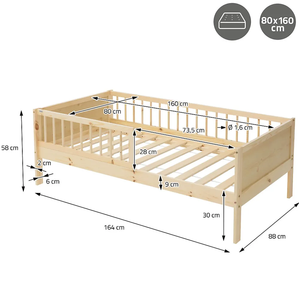 Lit d'enfant 80x160 cm simple naturel en bois de pin avec sommier à lattes sans matelas>Ml-Design Outlet
