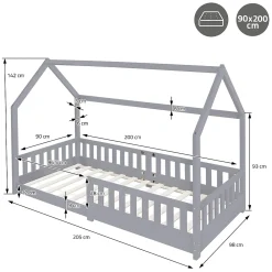 Ml-Design Lit d'enfant 90x200 cm gris clair en bois de pin massif style maison avec matelas H:16 cm*Enfant Lit Enfant