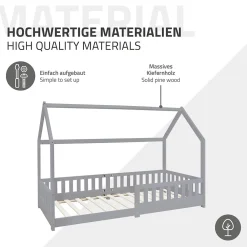 Ml-Design Lit d'enfant 90x200 cm gris clair en bois de pin massif style maison avec matelas H:16 cm*Enfant Lit Enfant