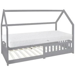 Ml-Design Lit d'enfant 90x200 cm gris clair en bois de pin massif style maison avec matelas H:16 cm*Enfant Lit Enfant
