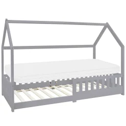 Ml-Design Lit d'enfant 90x200 cm gris clair en bois de pin massif style maison avec matelas H:10 cm*Enfant Lit Enfant