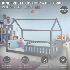 Ml-Design Lit d'enfant 90x200 cm gris clair en bois de pin massif style maison avec matelas H:10 cm*Enfant Lit Enfant
