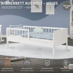 Lit d'enfant 70x140 cm simple blanc en bois de pin avec sommier à lattes sans matelas>Ml-Design Online