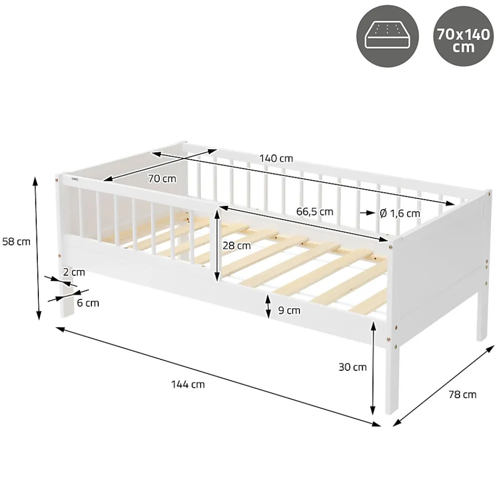 Lit d'enfant 70x140 cm simple blanc en bois de pin avec sommier à lattes sans matelas>Ml-Design Online