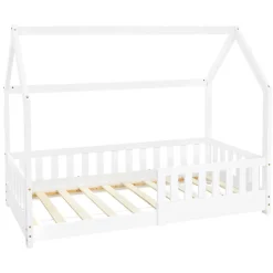 Lit d'enfant 160x80 cm blanc en bois de pin avec toit et sommier protection contre chutes>Ml-Design Clearance