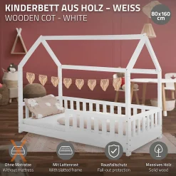 Lit d'enfant 160x80 cm blanc en bois de pin avec toit et sommier protection contre chutes>Ml-Design Clearance