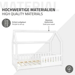 Lit d'enfant 160x80 cm blanc en bois de pin avec toit et sommier protection contre chutes><noscript><img width=