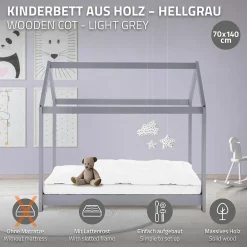Lit d'enfant 70x140 cm gris clair bois de pin massif structure maison avec toit et sommier>Ml-Design Outlet