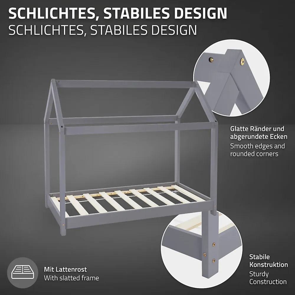 Lit d'enfant 70x140 cm gris clair bois de pin massif structure maison avec toit et sommier>Ml-Design Outlet