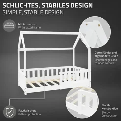 Lit d'enfant 70x140 cm blanc en bois de pin massif style maison avec sommier et matelas><noscript><img width=