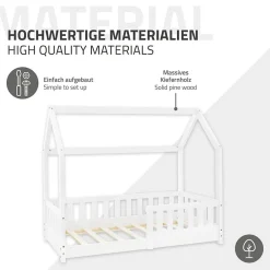 Lit d'enfant 70x140 cm blanc en bois de pin massif style maison avec sommier et matelas><noscript><img width=