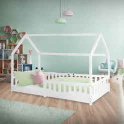 Ml-Design Lit d'enfant 90x200 cm blanc en bois de pin avec toit et sommier protection contre chutes*Enfant Lit Enfant