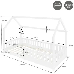 Ml-Design Lit d'enfant 90x200 cm blanc en bois de pin avec toit et sommier protection contre chutes*Enfant Lit Enfant