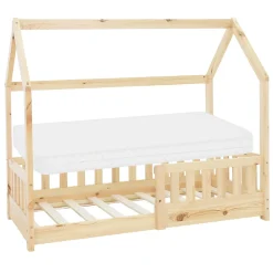 Lit d'enfant 70x140 cm naturel en bois de pin massif style maison avec sommier et matelas>Ml-Design Hot