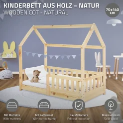 Lit d'enfant 70x140 cm naturel en bois de pin massif style maison avec sommier et matelas>Ml-Design Hot
