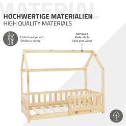 Lit d'enfant 70x140 cm naturel en bois de pin massif style maison avec sommier et matelas><noscript><img width=
