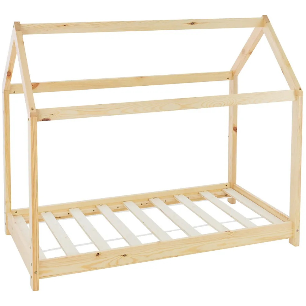 Lit d'enfant 70x140 cm naturel en bois de pin massif structure maison avec toit et sommier>Ml-Design Clearance