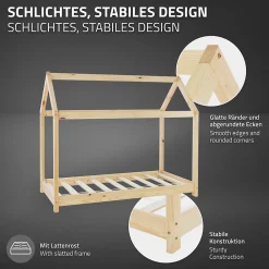 Lit d'enfant 70x140 cm naturel en bois de pin massif structure maison avec toit et sommier><noscript><img width=