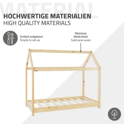 Lit d'enfant 70x140 cm naturel en bois de pin massif structure maison avec toit et sommier><noscript><img width=