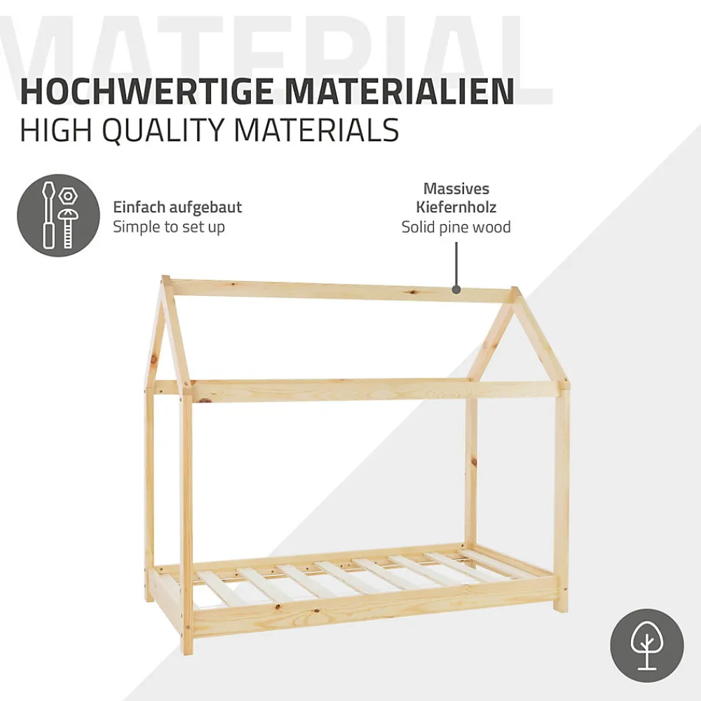 Lit d'enfant 70x140 cm naturel en bois de pin massif structure maison avec toit et sommier>Ml-Design Clearance