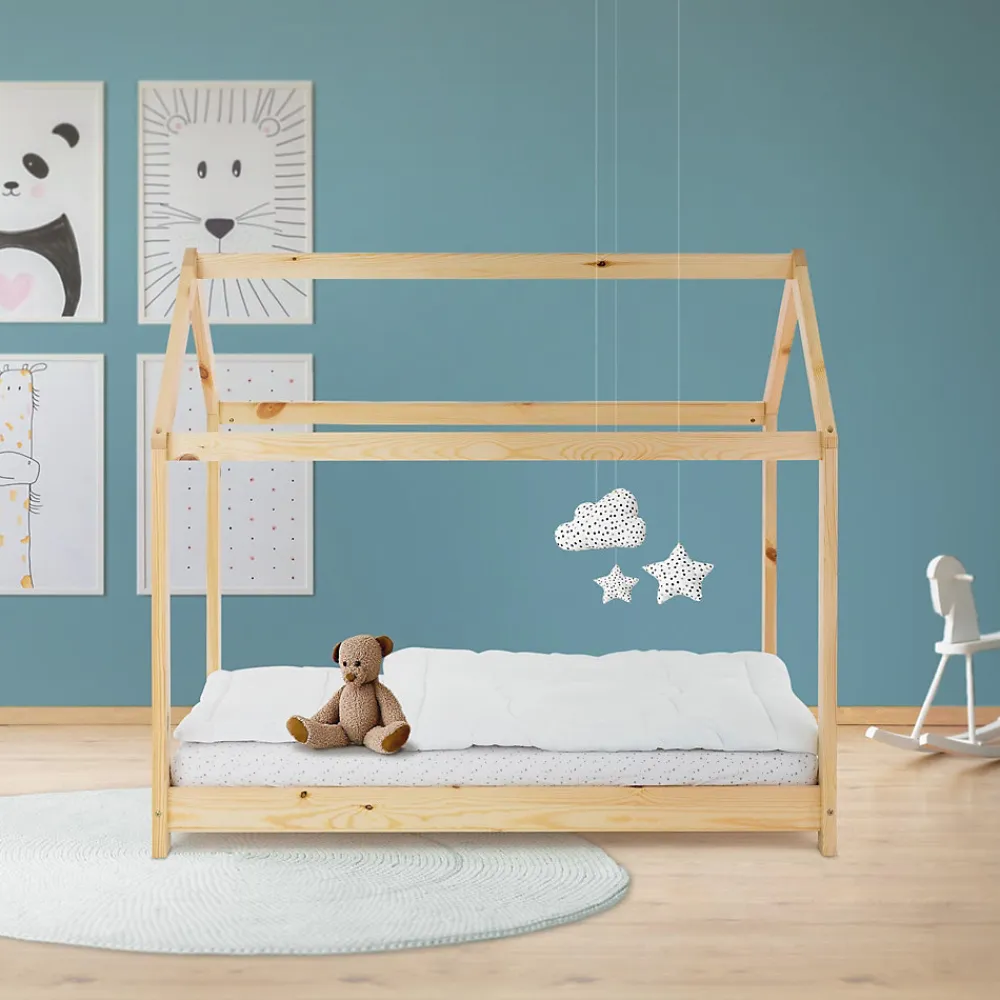 Lit d'enfant 70x140 cm naturel en bois de pin massif structure maison avec toit et sommier>Ml-Design Clearance