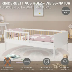 Lit d'enfant 80x160 cm blanc-naturel en bois de pin avec sommier à lattes sans matelas>Ml-Design Hot