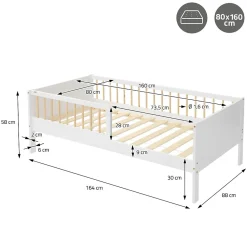 Lit d'enfant 80x160 cm blanc-naturel en bois de pin avec sommier à lattes sans matelas><noscript><img width=