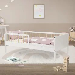 Lit d'enfant 80x160 cm blanc-naturel en bois de pin avec sommier à lattes sans matelas><noscript><img width=