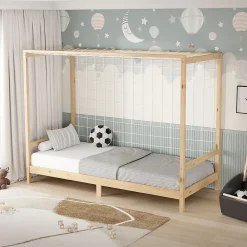 Ml-Design Lit d'enfant 90x200 cm naturel beige bois de pin avec but de football et sommier à lattes*Enfant Lit Enfant