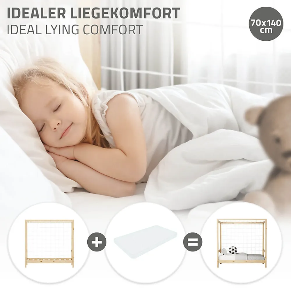 Lit d'enfant 70x140 cm naturel beige bois de pin avec but de football et sommier à lattes>Ml-Design Outlet