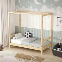 Lit d'enfant 70x140 cm naturel beige bois de pin avec but de football et sommier à lattes><noscript><img width=