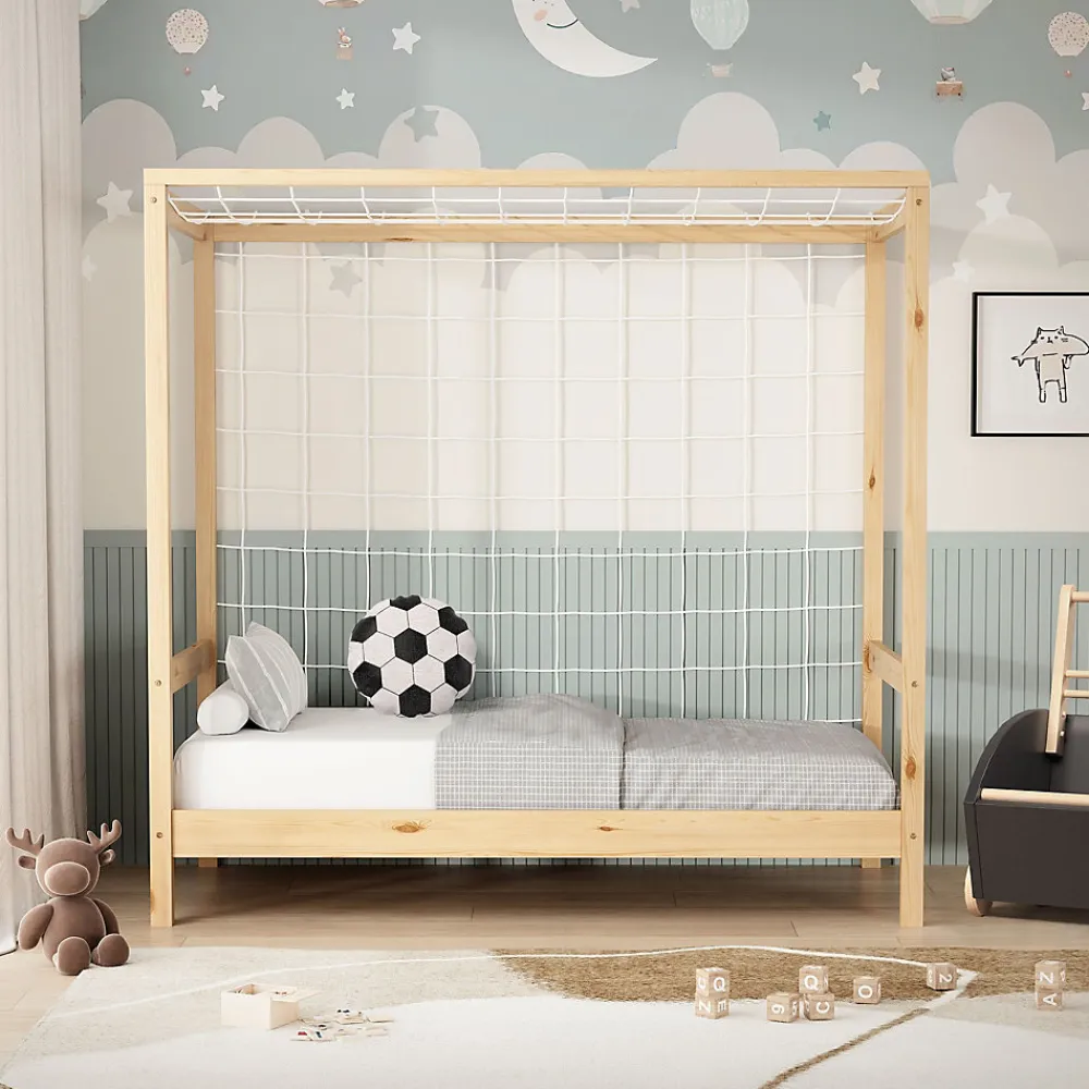 Lit d'enfant 70x140 cm naturel beige bois de pin avec but de football et sommier à lattes>Ml-Design Outlet