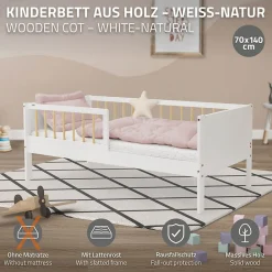 Lit d'enfant 70x140 cm blanc-naturel en bois de pin avec sommier à lattes sans matelas>Ml-Design Discount