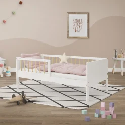 Lit d'enfant 70x140 cm blanc-naturel en bois de pin avec sommier à lattes sans matelas><noscript><img width=