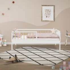 Lit d'enfant 70x140 cm blanc-naturel en bois de pin avec sommier à lattes sans matelas><noscript><img width=