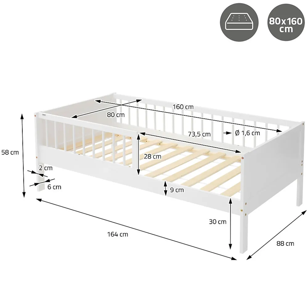 Lit d'enfant 80x160 cm simple blanc en bois de pin avec sommier à lattes sans matelas>Ml-Design Clearance