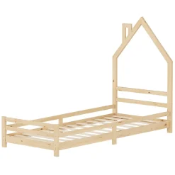 Lit d'enfant 90x200 cm naturel forme maison bois de pin avec sommier à lattes sans matelas>Ml-Design Best