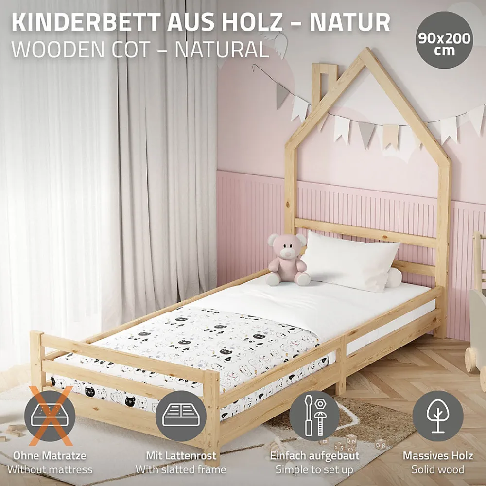 Lit d'enfant 90x200 cm naturel forme maison bois de pin avec sommier à lattes sans matelas>Ml-Design Best